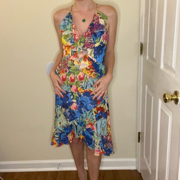 Badgley Mischka Dresses & Skirts - NWOT Badgley Mischka Vibrant Floral Midi Ruffle Dress